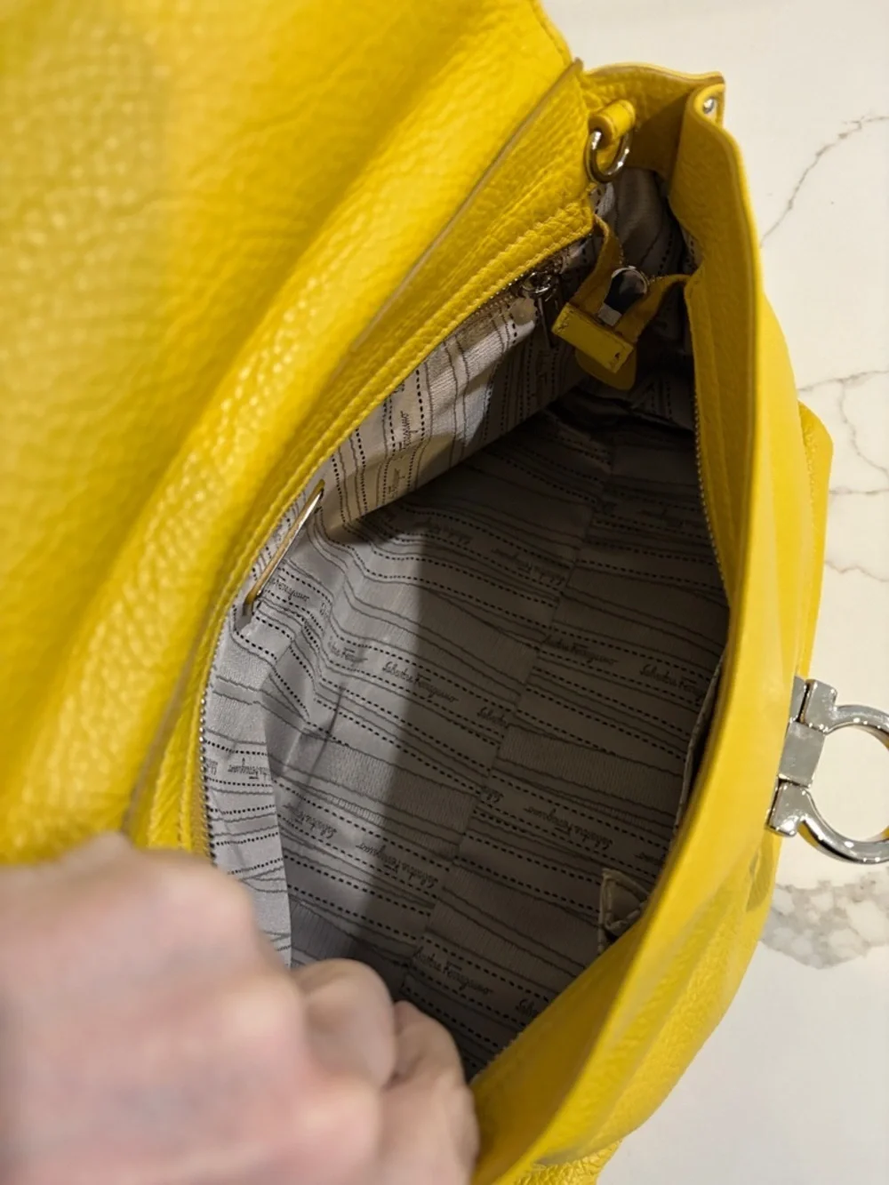 Salvatore Ferragamo Yellow Pebbled Leather Satchel with Crossbody Strap